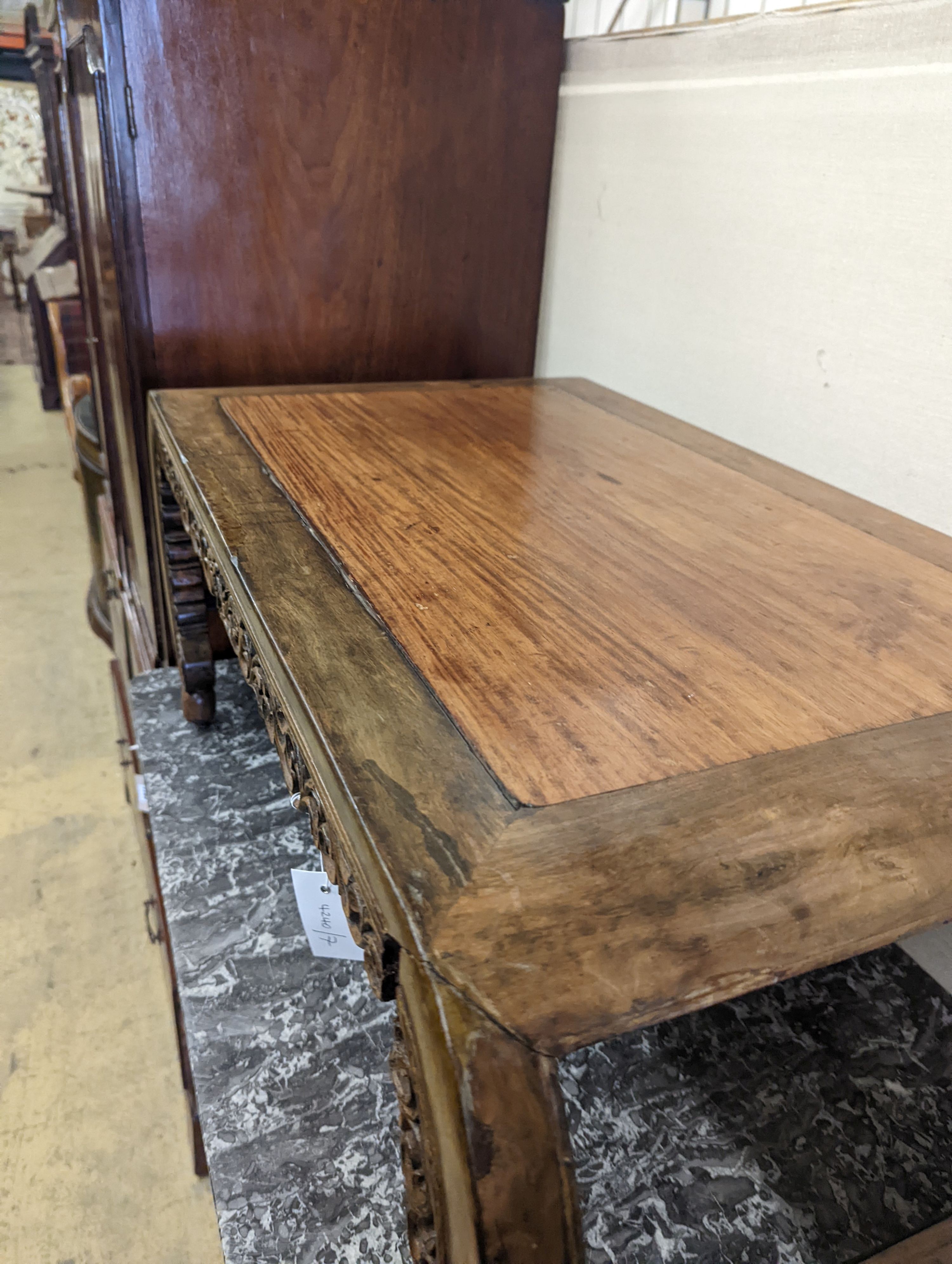 A Chinese rectangular carved hardwood low table, length 93cm, depth 49cm, height 39cm